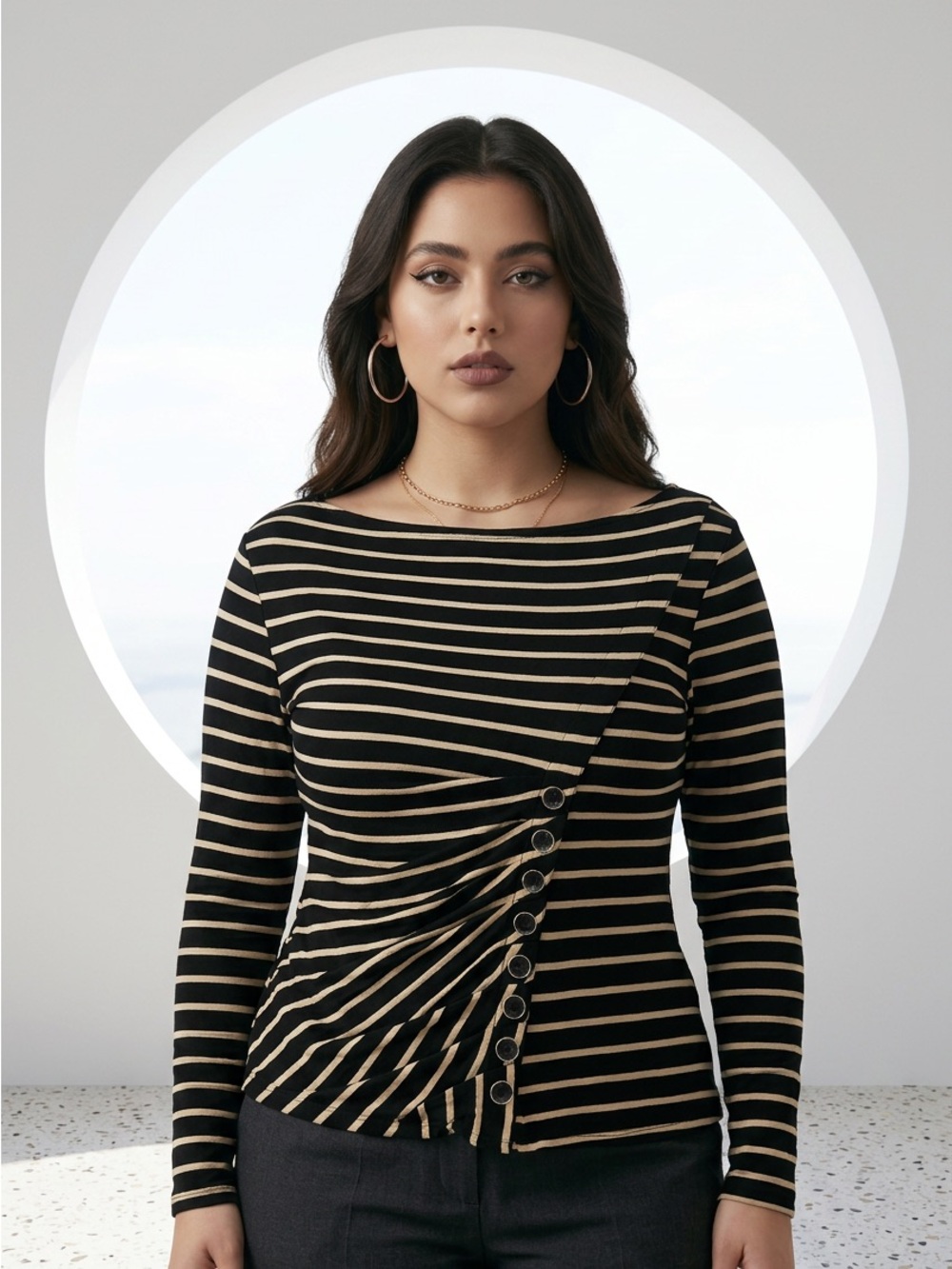 Principles Y2K Petite Knit Boat Neck Long Sleeve Striped Button Top-14P